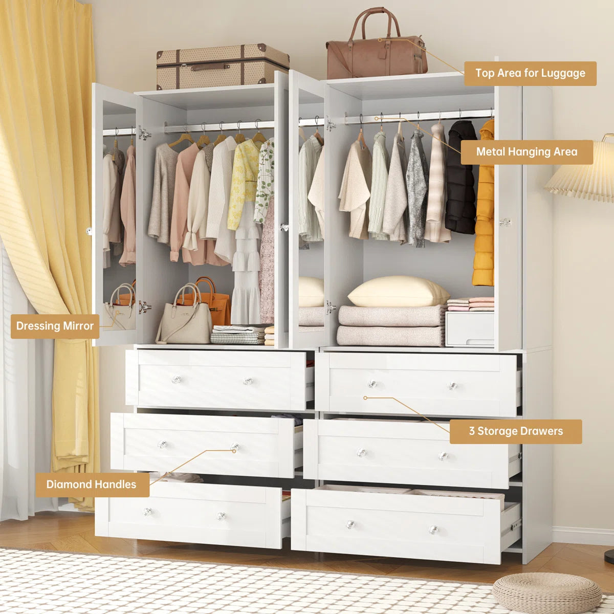 4-Door Sandrea With Mirror, Wardrobe Closet With 6 Drawers