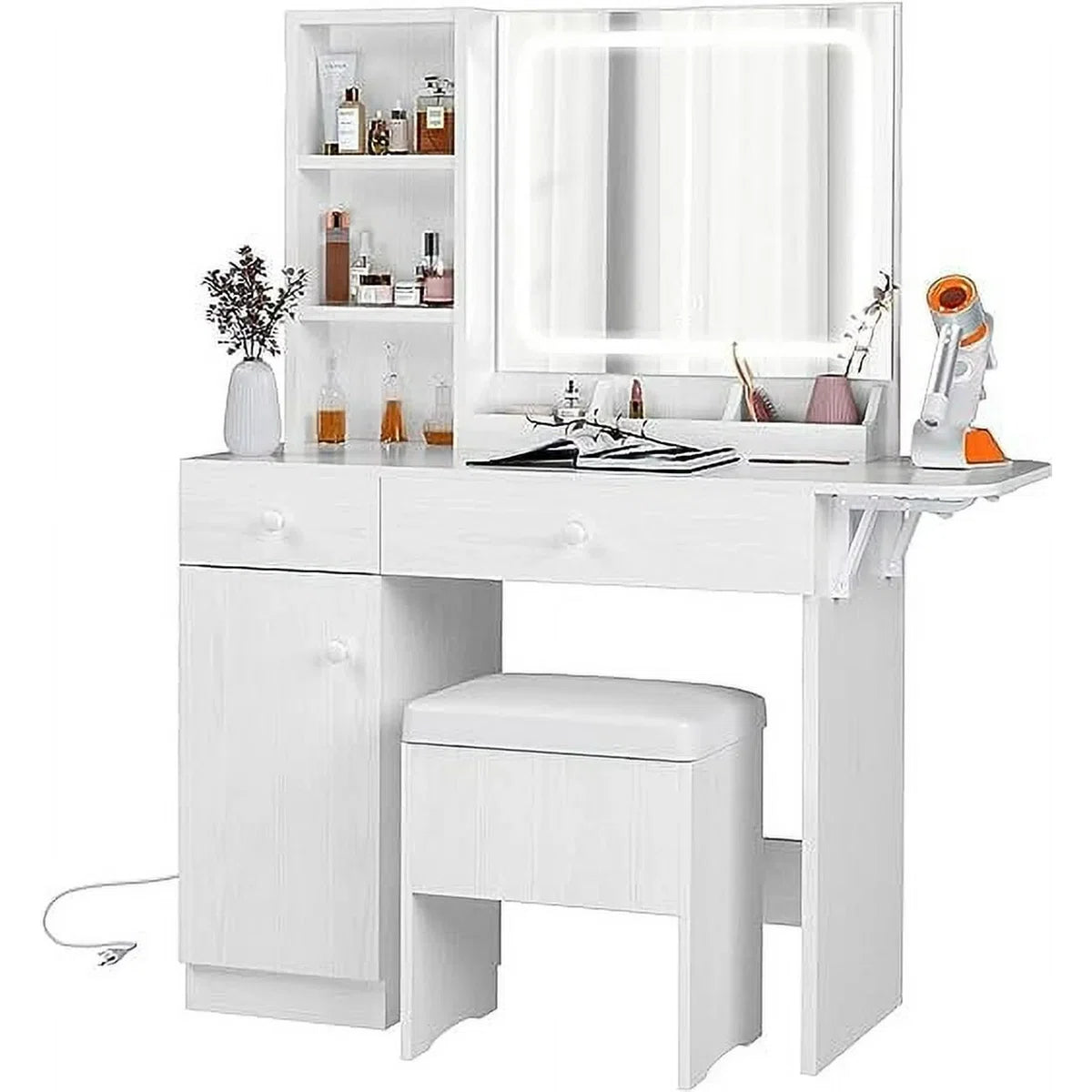 Vanity Desk with LED Lighted Mirror, Power Outlet, 2 Drawers, 3 Cubbies & Bookcase Storage for Bedroom- OUCH CART | Dressing table