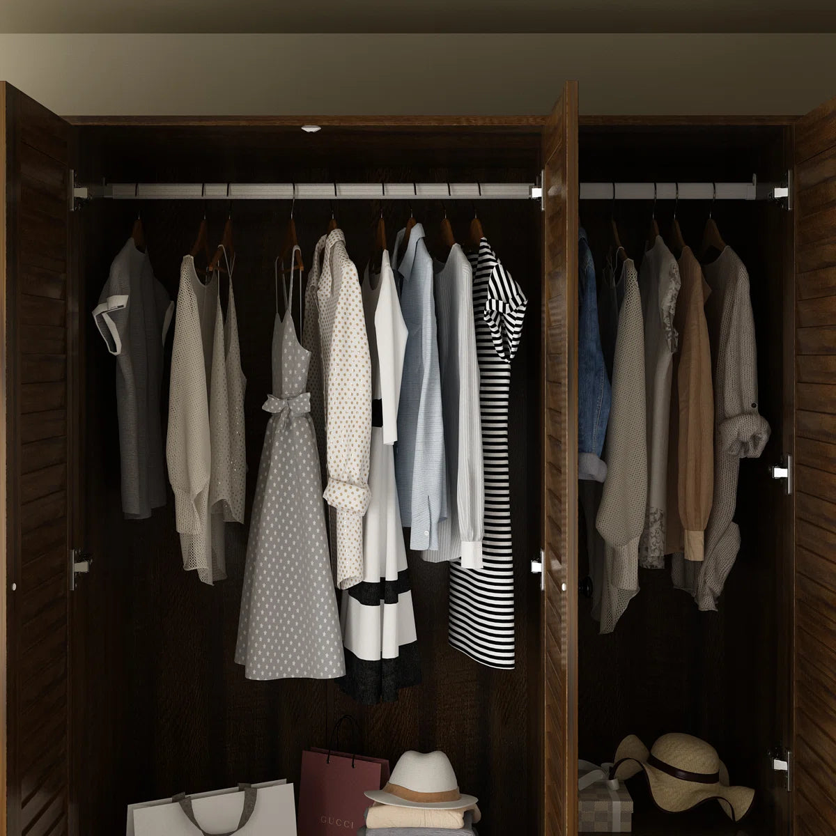 Ardit 59" Wide White Wardrobe with Louvered Doors and 5 Drawers, Freestanding Armoire Closet with Hanging Rods and Shelves