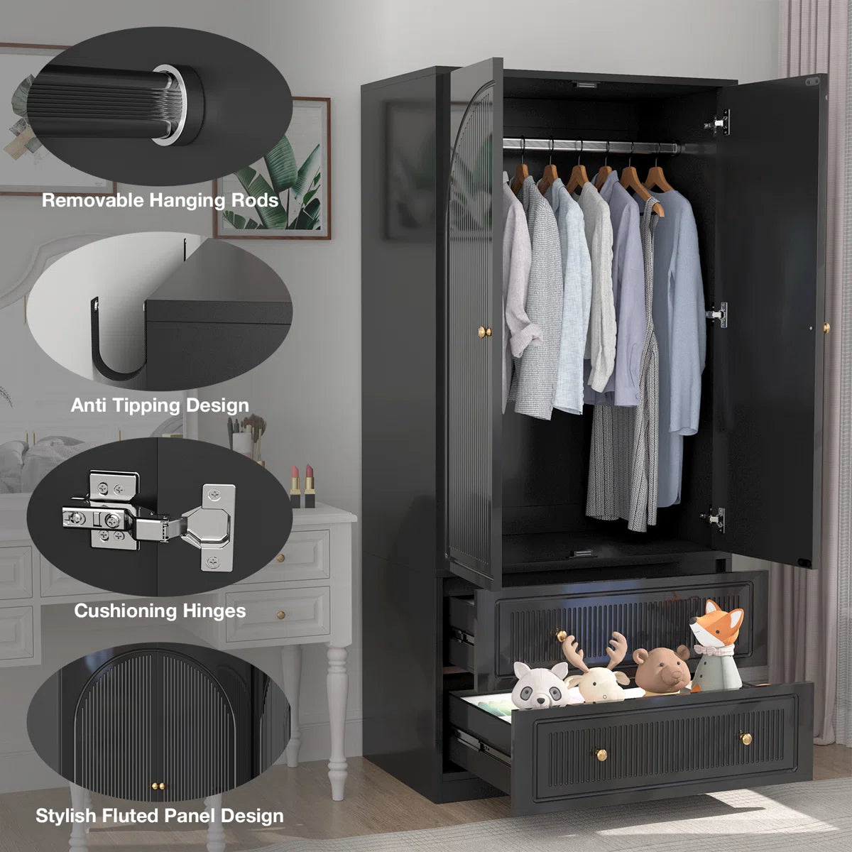 Winston Porter 70" Tall Wardrobe Armoire, Wooden Wardrobe Closet With Drawers, Coat Closet For Bedroom, Apartment, Dorm, White & Black