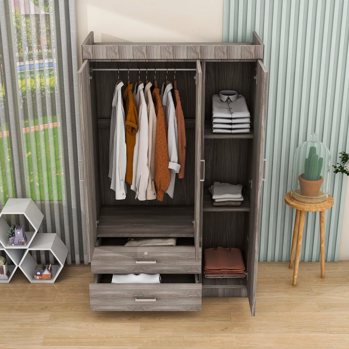 Carene Wood 2 Drawers 3-Doors Wardrobe with Shelves