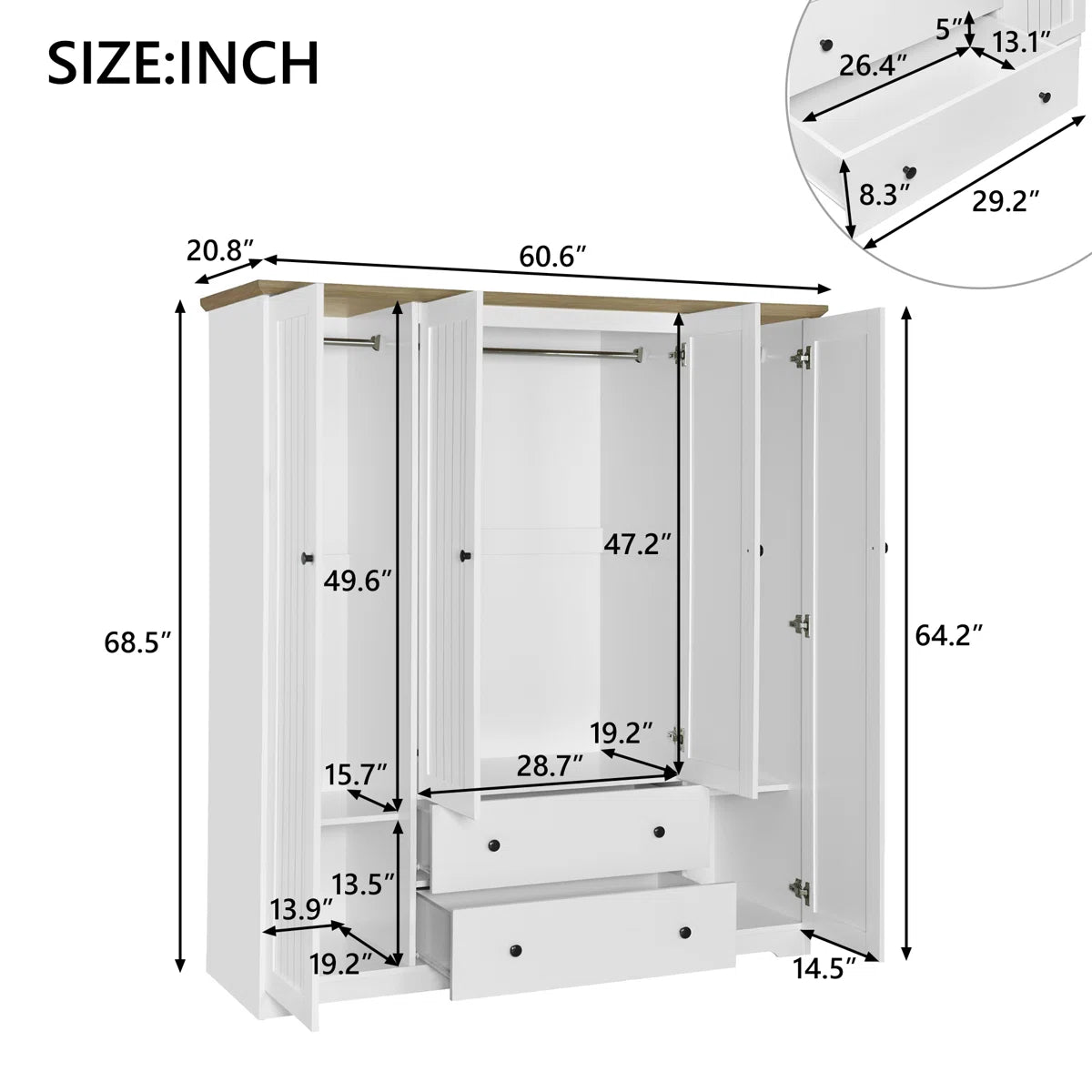 Wood Wardrobe Closet With 4 Doors And 2 Drawers,Bedroom Freestanding Armoire Storage Cabinet With Shelves,Wooden Wardrobe Combination For Hanging Clothes