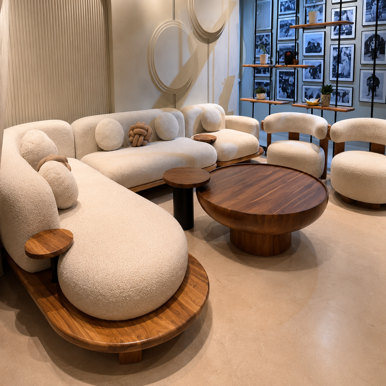 Luxury Curved Bouclé Sofa Set with 2 Accent Chairs & Wooden Coffee Table | Modern Designer Living Room Furniture Set