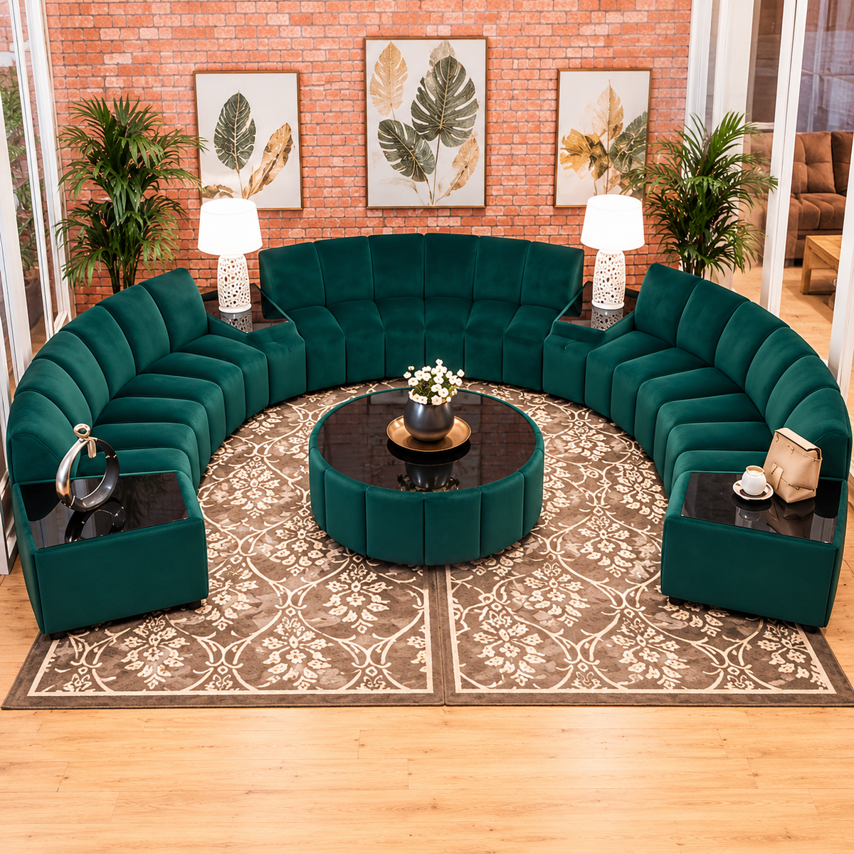 Luxury Emerald Green Velvet Curved Sectional Sofa Set with Round Coffee Table | Modern U-Shaped Modular Sofa for Living Room