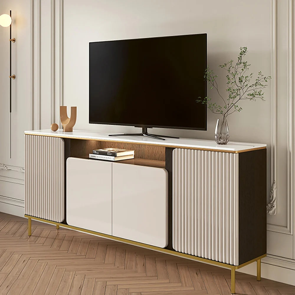 Modern Fluted TV Unit with Storage Cabinet & Shelves