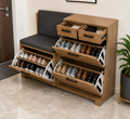 Modern Wooden Shoe Storage Cabinet with Cushioned Bench Seat | Entryway Shoe Organizer with Soft-Close Drawers & Matte Black Handles