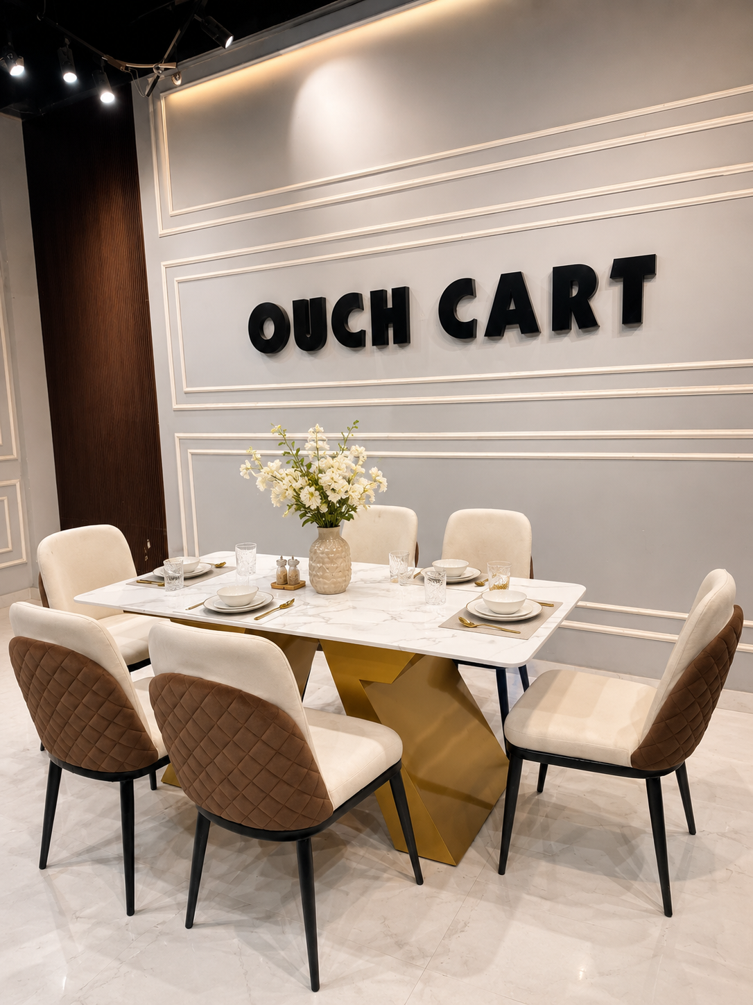 Modern 6 Seater Marble Dining Table Set with Gold Metal Base & Upholstered Chairs | Luxury Dining Room Furniture