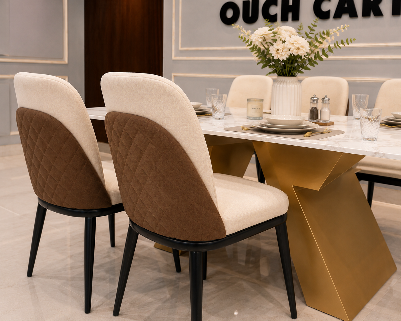 Modern 6 Seater Marble Dining Table Set with Gold Metal Base & Upholstered Chairs | Luxury Dining Room Furniture