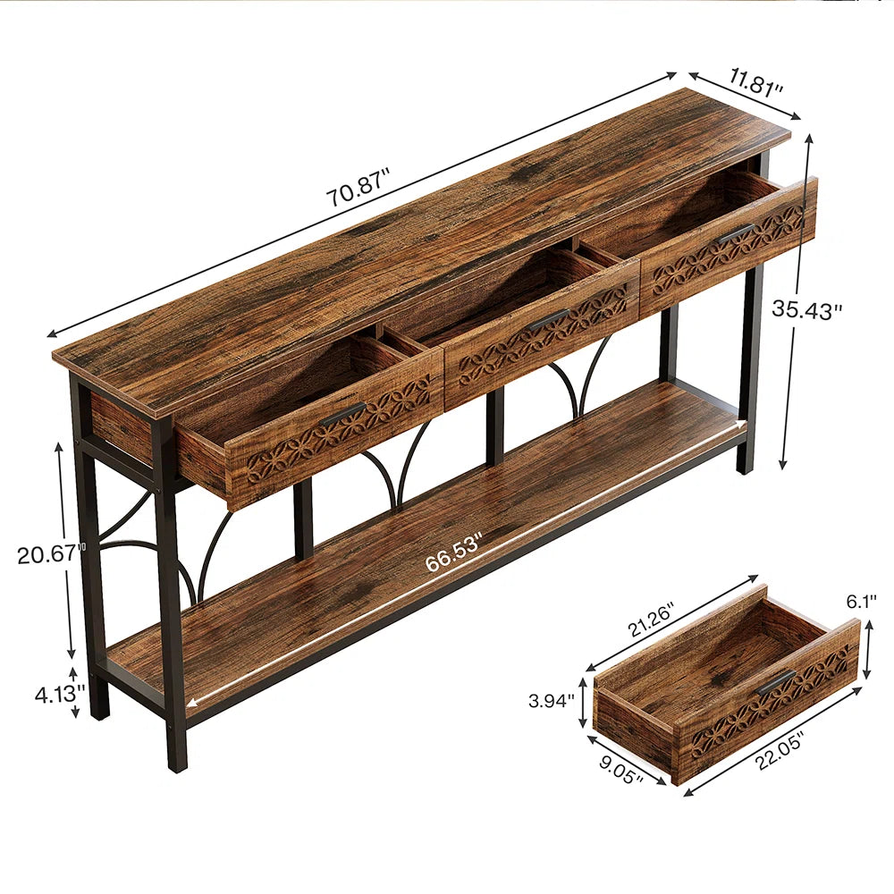 Rustic Console Table with 3 Drawers – 70.8'' Extra Long Entryway & Living Room Table