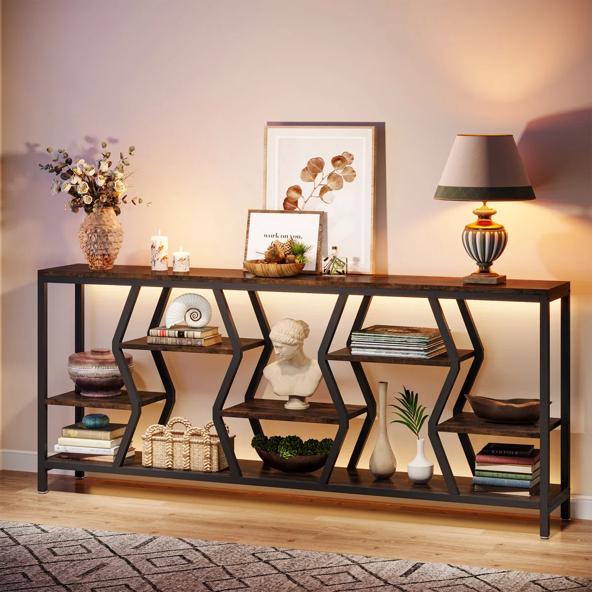 Extra Long Sofa Table, Rustic Console Table with 4 Tier Storage Shelves For Living Room
