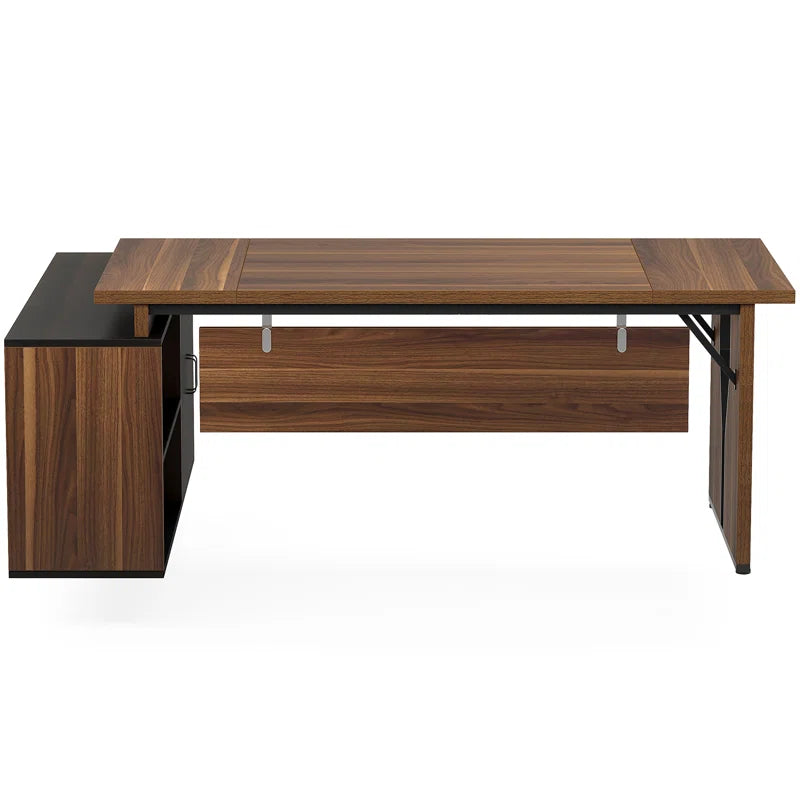 L-Shaped Executive Desk with Cabinet Locking Drawer Storage Shelves Business Furniture Set