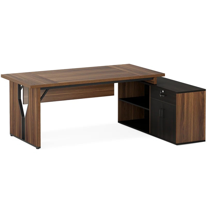 L-Shaped Executive Desk with Cabinet Locking Drawer Storage Shelves Business Furniture Set