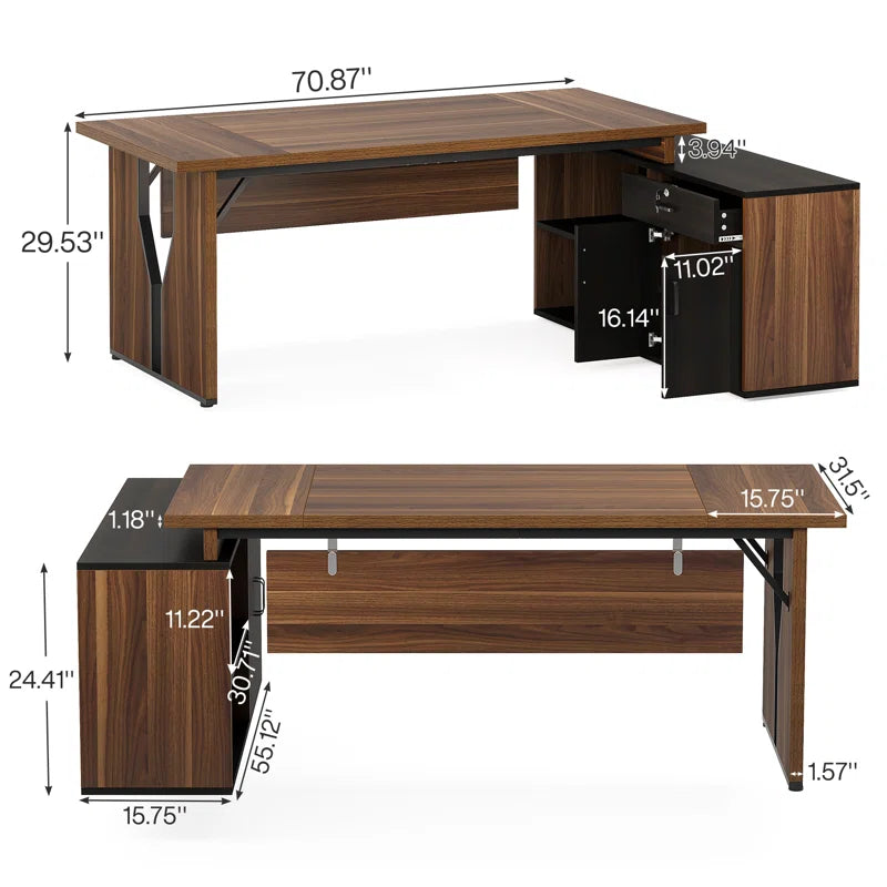 L-Shaped Executive Desk with Cabinet Locking Drawer Storage Shelves Business Furniture Set