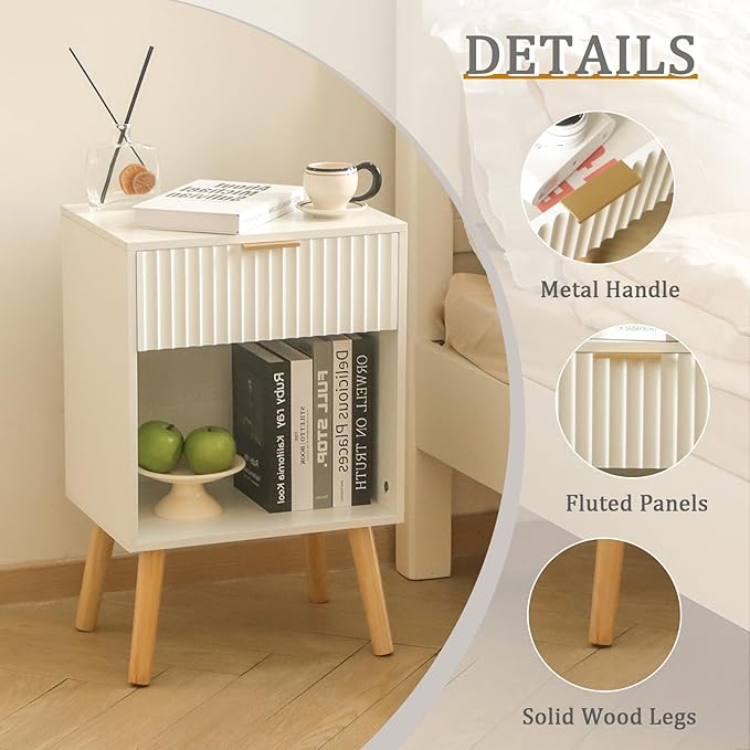Mid Century Modern Nightstand, Wood Bedside Table with Drawer and Opening Storage, End Table Living Room Fluted Night Stand with Solid Wood Legs for Bedroom