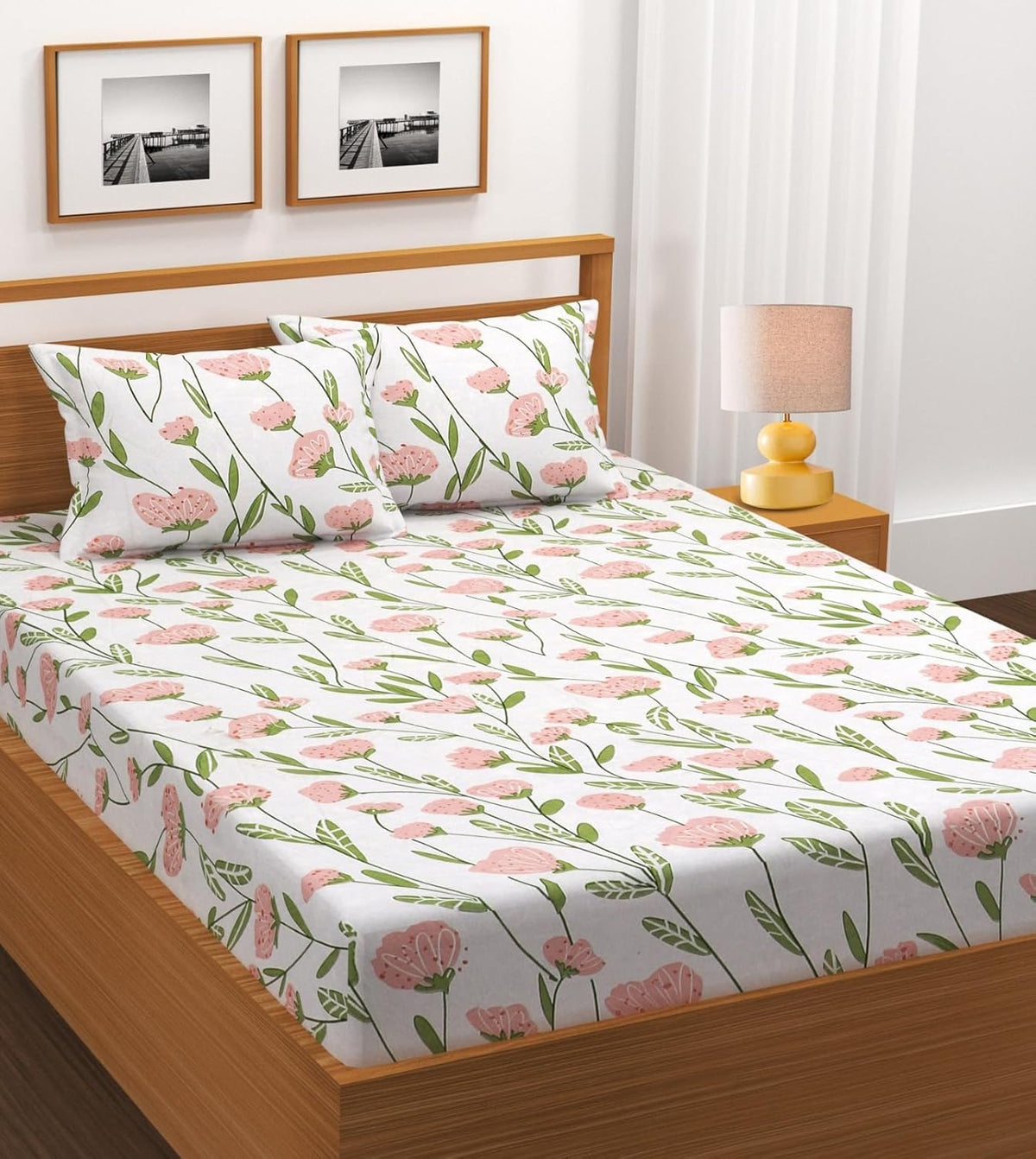 Cotton Double King Bedsheet Set with 2 Matching Pillow Covers | 200 Thread Count | Superfine Botanical Print | Soft & Breathable Flat Bedsheet
