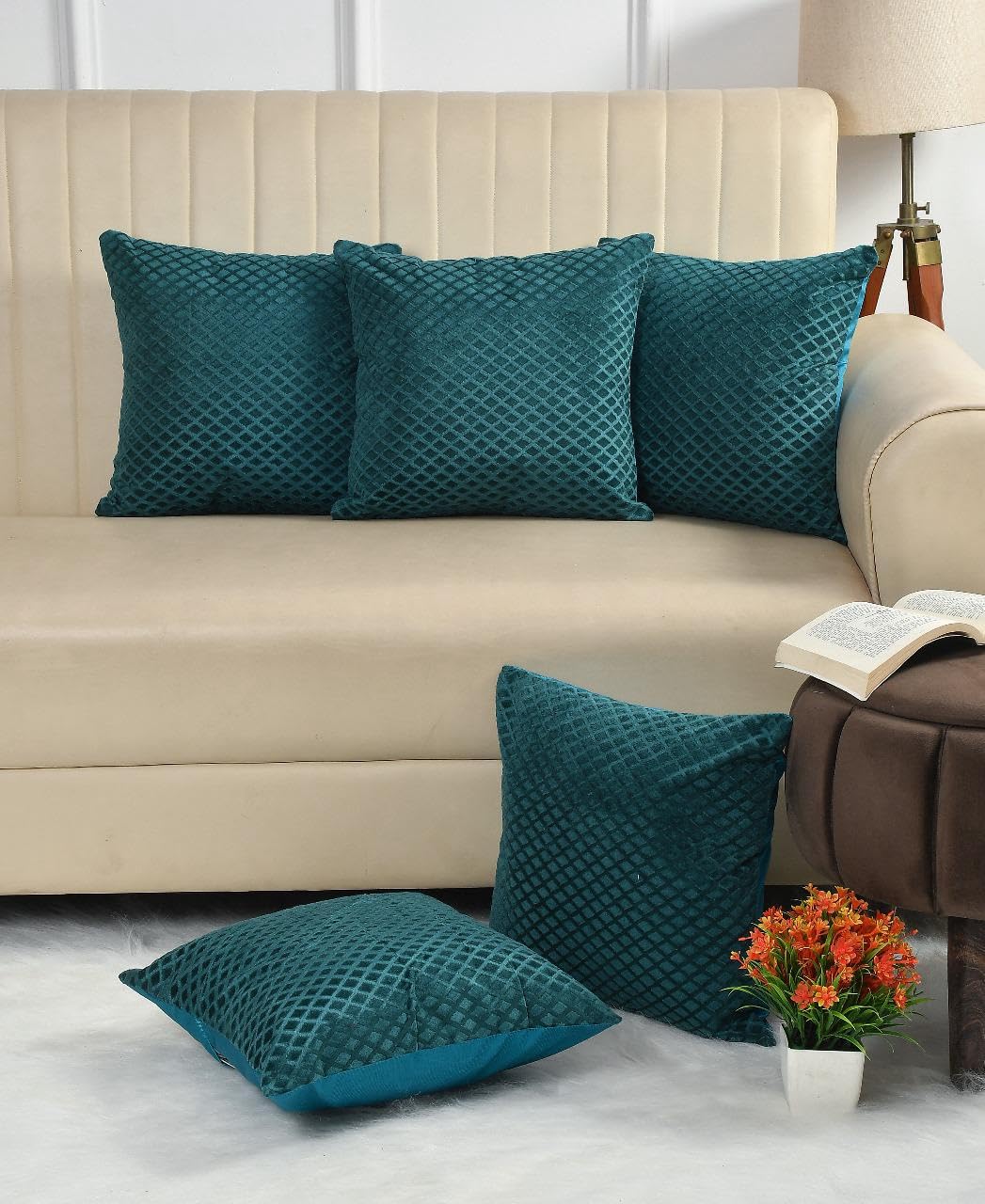 Brown Diamond Quilted Velvet Cushion Covers, 16 x 16 Inch, Set of 5