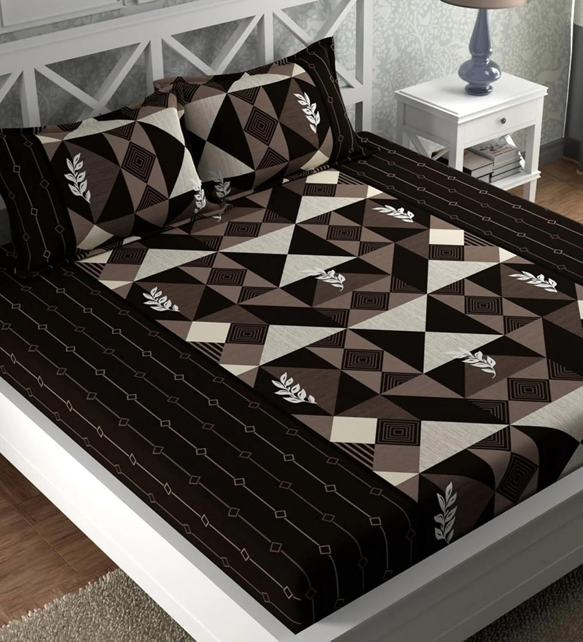 Elastic Fitted Cotton Double Queen Bedsheet with 2 Matching Pillow Covers | 320 Thread Count | Geometric Print | Soft & Comfortable Fitted Bedsheet | Summer Bedding