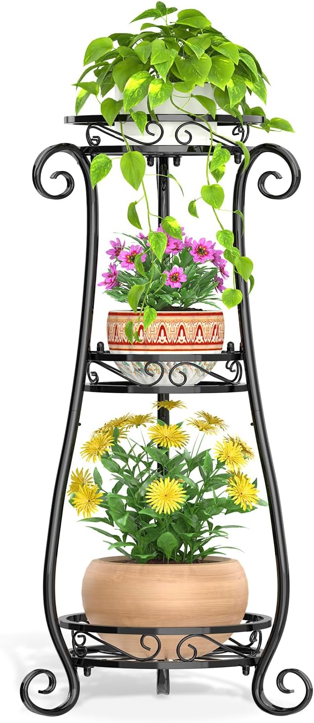 Metal Plant Stand Indoor Outdoor Clearance, Rustproof Iron Flower Pot Holder, Multiple Heavy Duty Plant Round Rack for Patio Home Planter Corner Garden Balcony (Black)