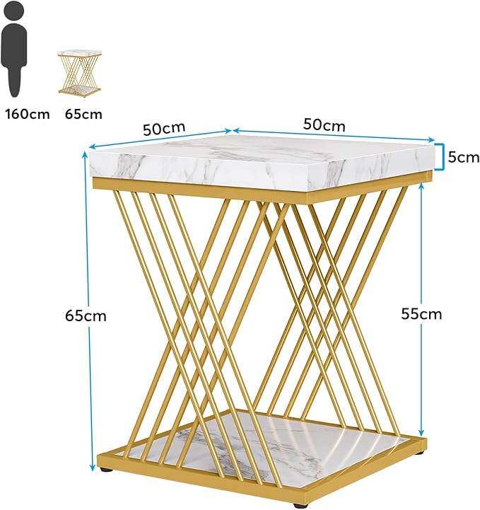 Tribesigns Faux Marble End Table White Gold, 2-Tier Small Side Table with Metal Frame, Bedside Table for Sofa, Couch, Living Room