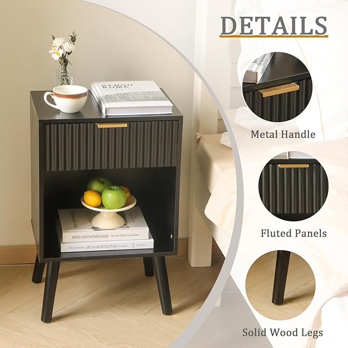 Mid Century Modern Nightstand, Wood Bedside Table with Drawer and Opening Storage, End Table Living Room Fluted Night Stand with Solid Wood Legs for Bedroom