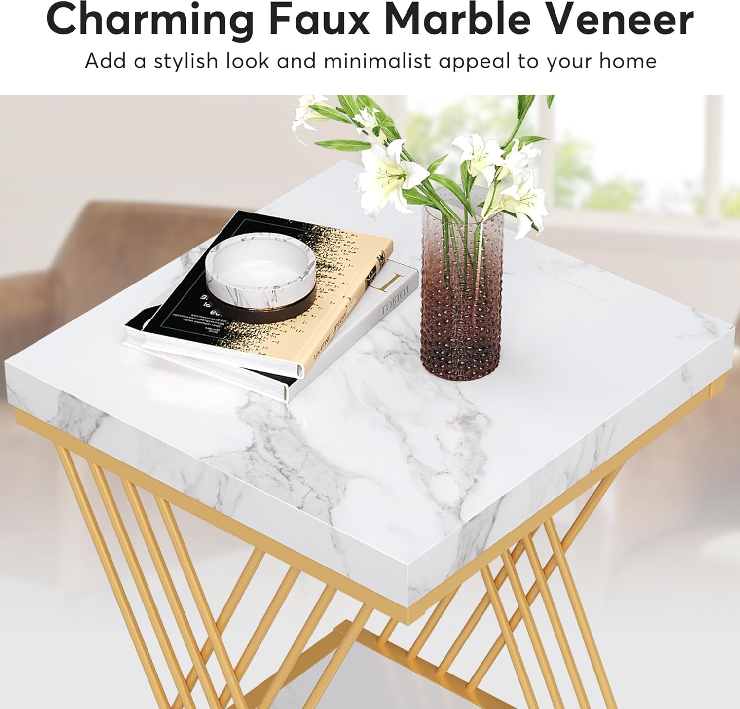 Tribesigns Faux Marble End Table White Gold, 2-Tier Small Side Table with Metal Frame, Bedside Table for Sofa, Couch, Living Room