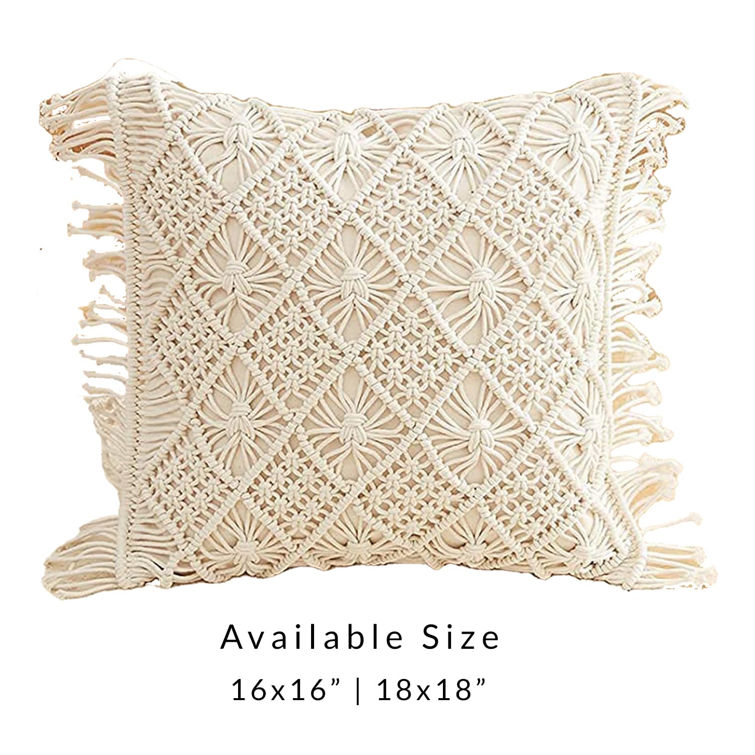 Off-White Cotton Macrame Cushion Cover, 16 x 16 Inch, Bohemian Design