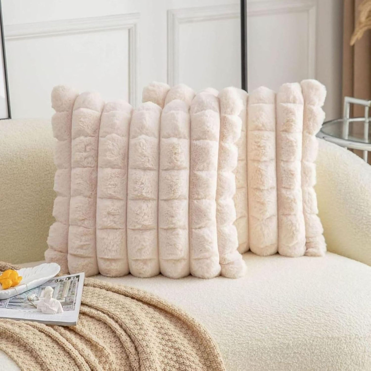 Cream Checkered Faux Fur Cushion Covers, 16 x 16 Inch, Set of 2