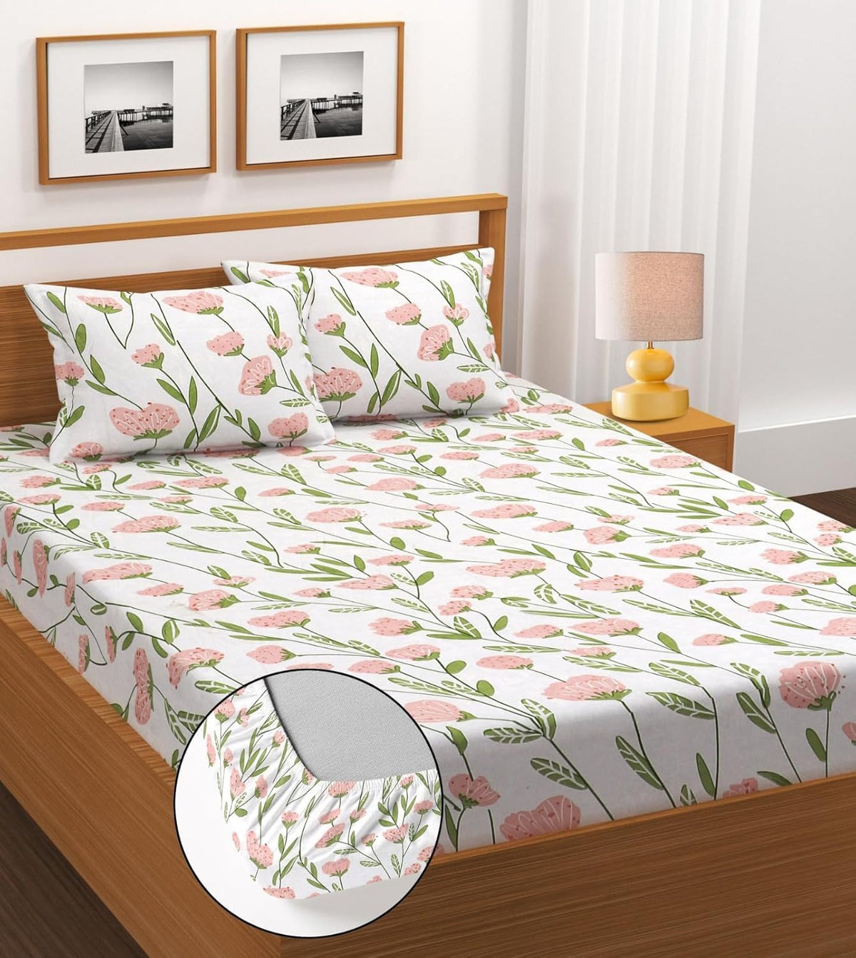 Cotton Double King Bedsheet Set with 2 Matching Pillow Covers | 200 Thread Count | Superfine Botanical Print | Soft & Breathable Flat Bedsheet