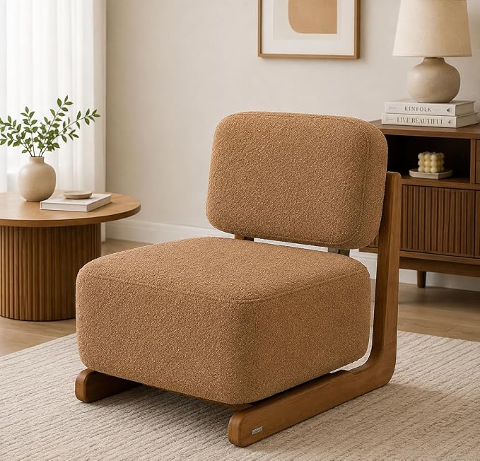 Ouch Cart Modern Cream Bouclé Lounge Chair with Wooden Frame | Cozy Accent Chair