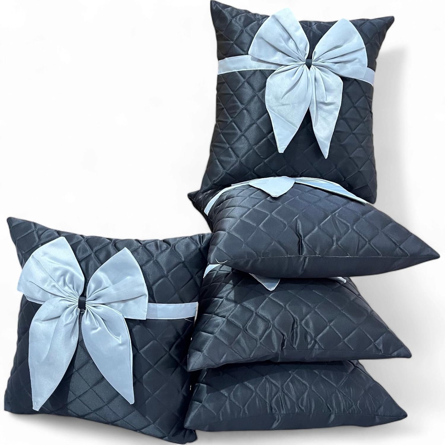 Satin Bow Cushion Covers with Quilted Diamond Pattern, 16 x 16 Inch, Set of 5