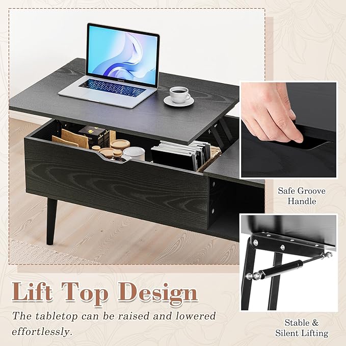 OLIXIS Wood Lift Top Coffee Table with Hidden Compartment and Large Storage Shelf, Lift Tabletop Dining Center Table for Home Living Room Office