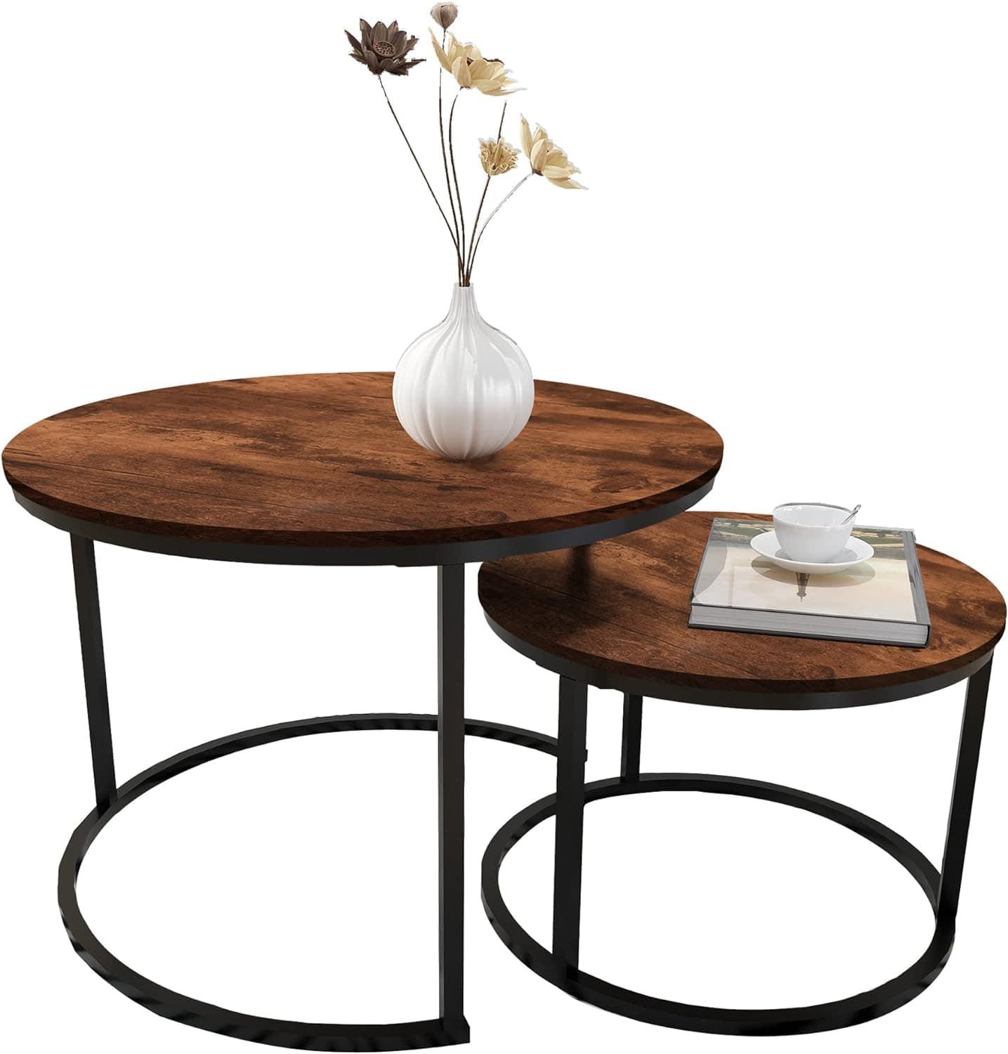 Round Nesting Coffee Table Modern Nesting Side Set of 2 End Table for Living Room Balcony Garden - Ouch Cart 