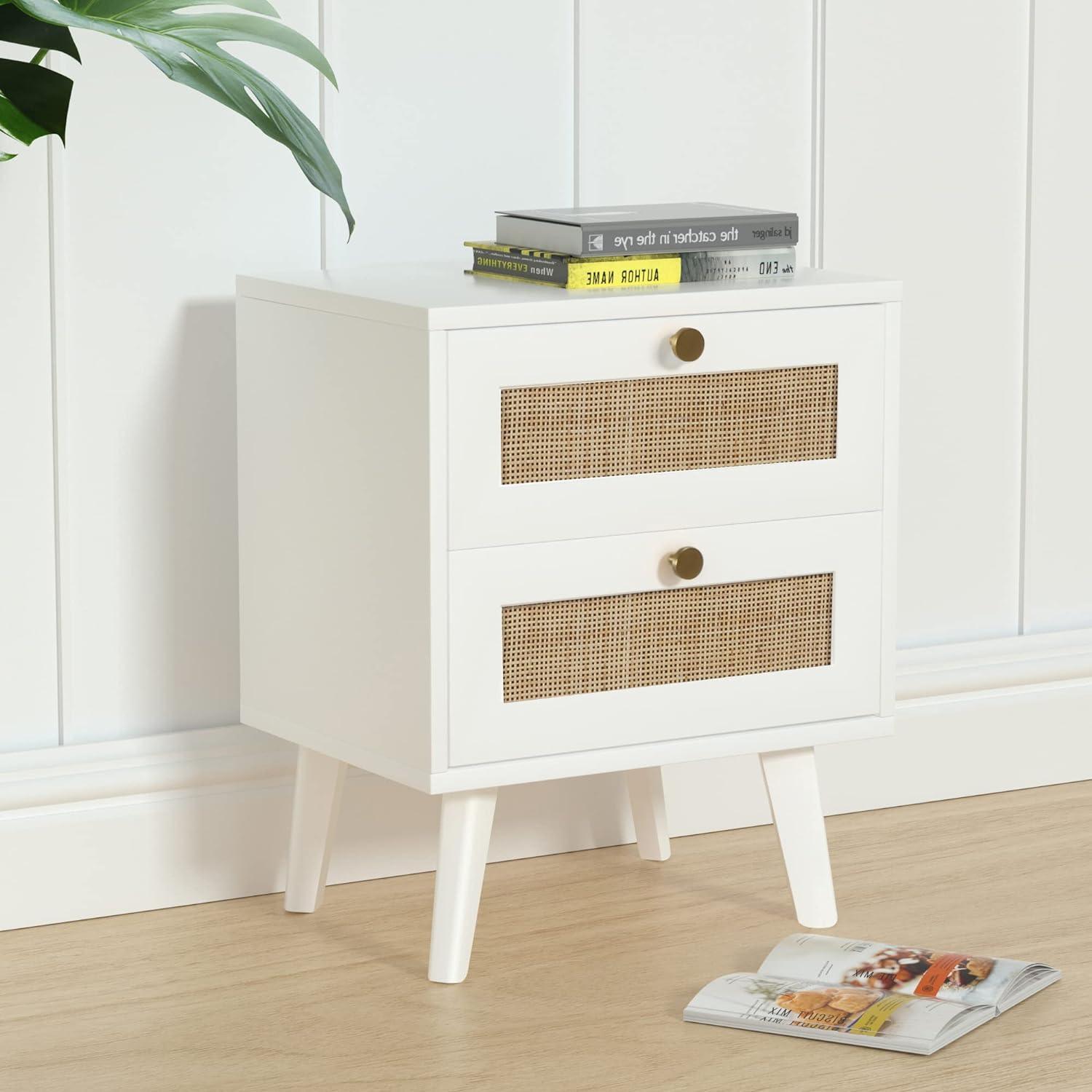 Anmytek White Nightstand, Farmhouse Rattan Bedside Table with 2 Drawers - Ouch Cart 