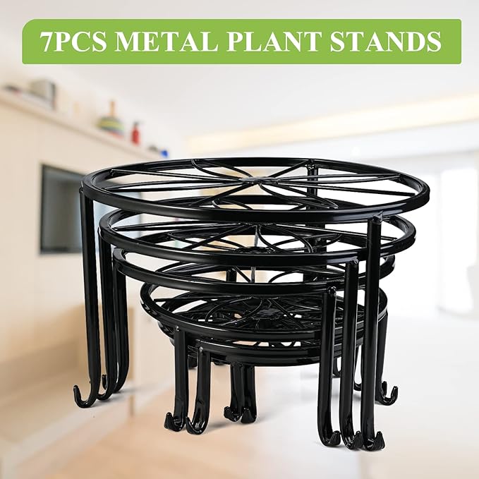 7-pack Metal Plant Stands, Plant Stand Outdoor Clearance, Anti-Rust Iron Flower Pot Stand Outdoor Indoor, Heavy Duty Black Plant Stand Indoor, Rustproof Metal Planter Container Round