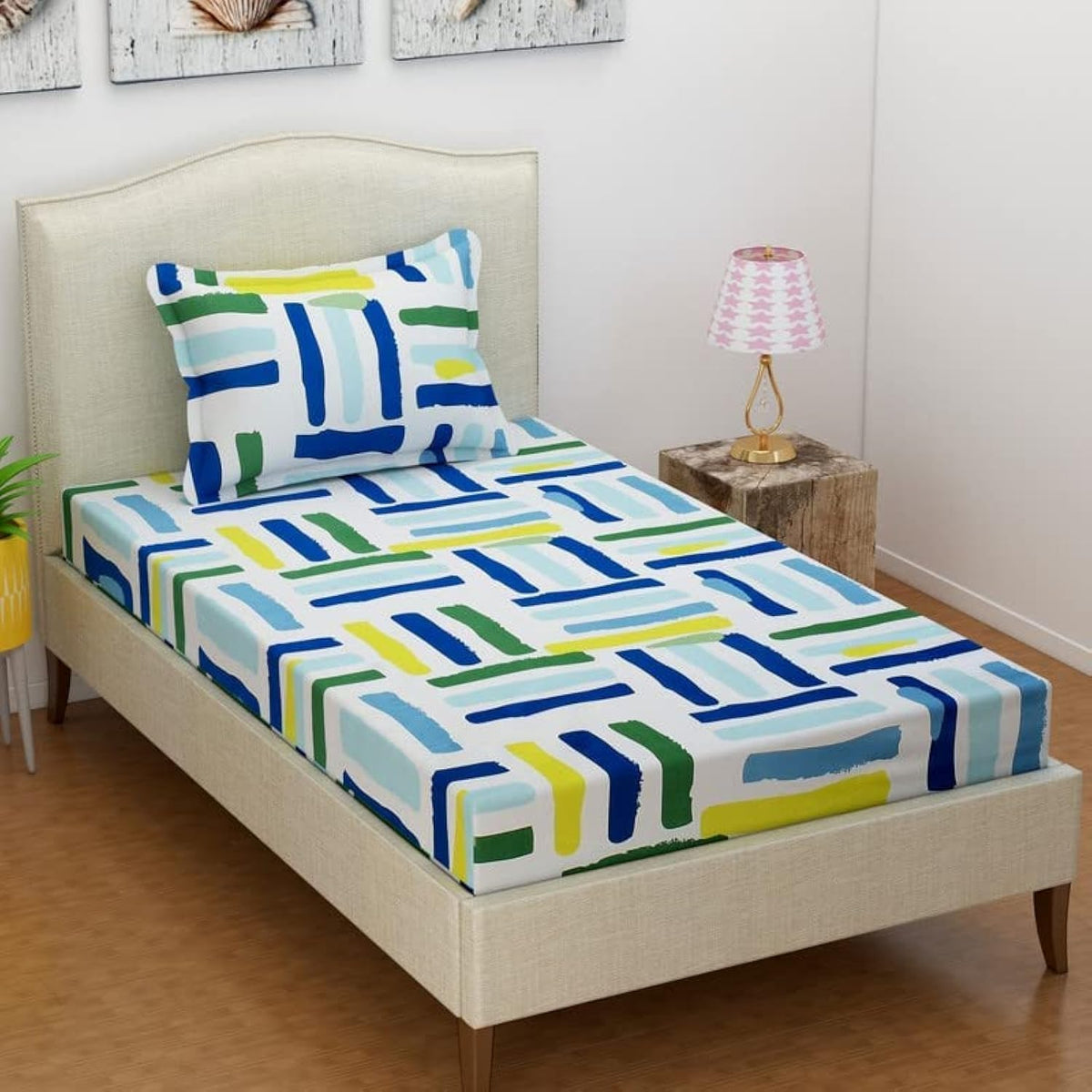 Single Glace Cotton Elastic Fitted Bedsheet with 1 King Size Pillow Cover | 210 TC | Superfine Geometric Print | Super Soft Breathable & Easy Care Summer Bedsheet