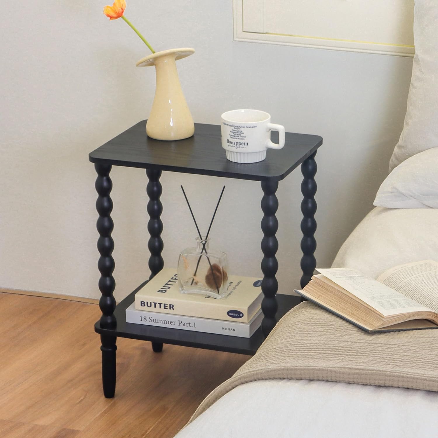 Side Table, Small End Table with Storage Shelf, 2-Tier Small Coffee Tables Living Room for Bedroom, Narrow Spaces (Rustic Brown)