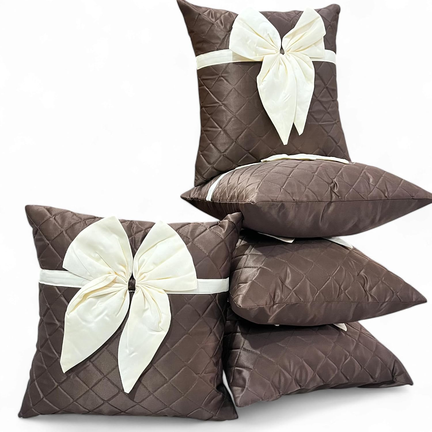 Satin Bow Cushion Covers with Quilted Diamond Pattern, 16 x 16 Inch, Set of 5