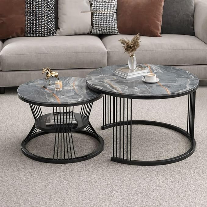 Iron Frame Faux Marbled Laminated Round Coffee Table Set of 2 Stacking Center Tables for Living Room Bedroom or Apartments (Golden White)