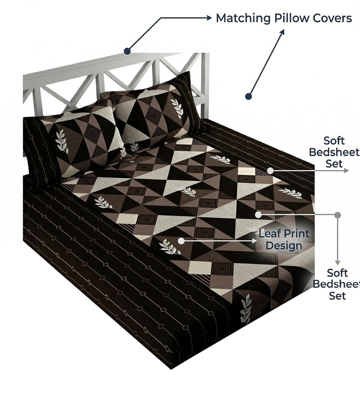 Elastic Fitted Cotton Double Queen Bedsheet with 2 Matching Pillow Covers | 320 Thread Count | Geometric Print | Soft & Comfortable Fitted Bedsheet | Summer Bedding