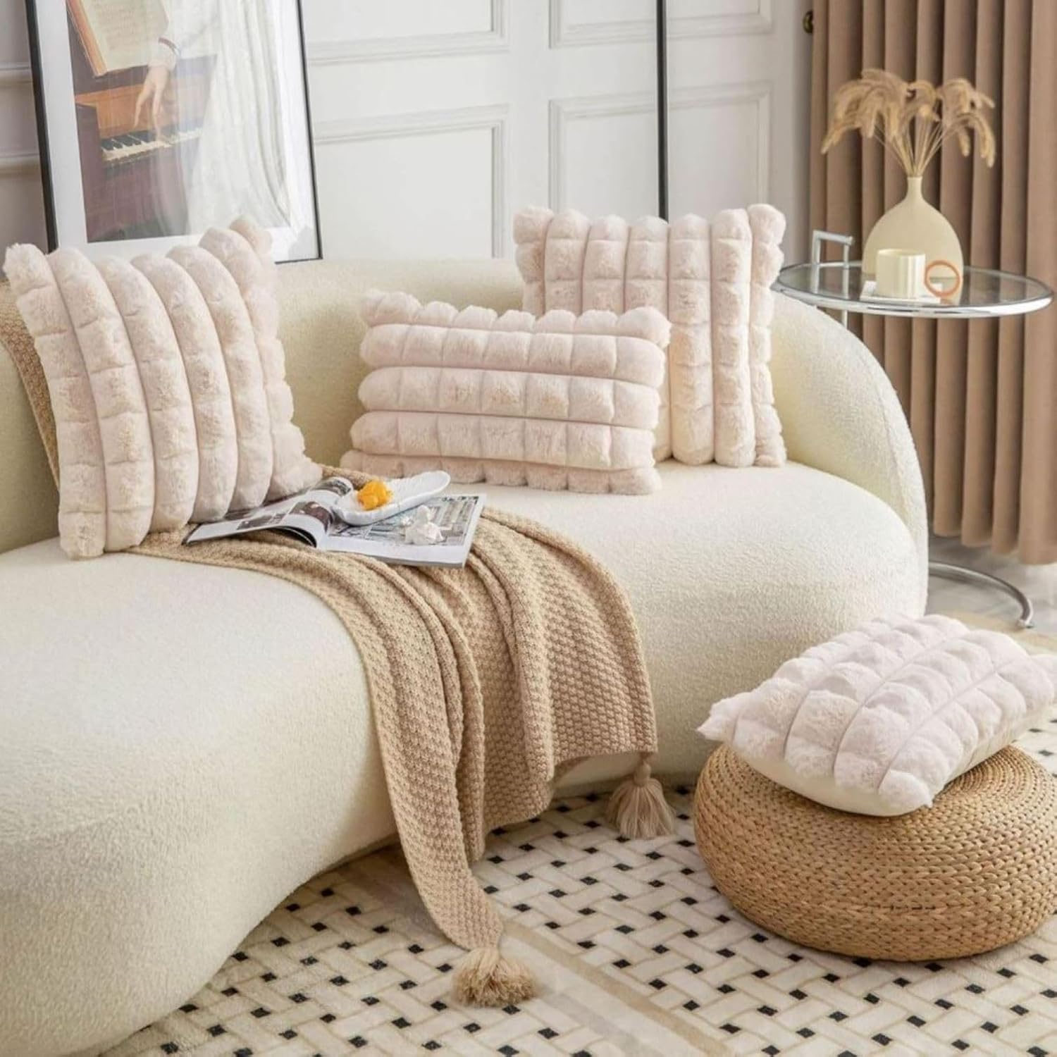 Cream Checkered Faux Fur Cushion Covers, 16 x 16 Inch, Set of 2