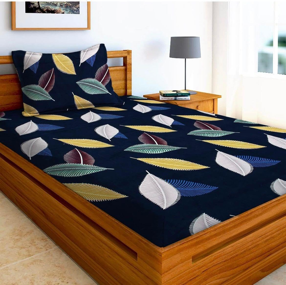 Single Bed Cotton Bedsheet with 1 Pillow Cover | 60 x 90 Inches | 240 TC Superfine Cotton | Botanical Print Flat Bedsheet | 17 x 27 Inch Pillow Cover | Summer Bedding