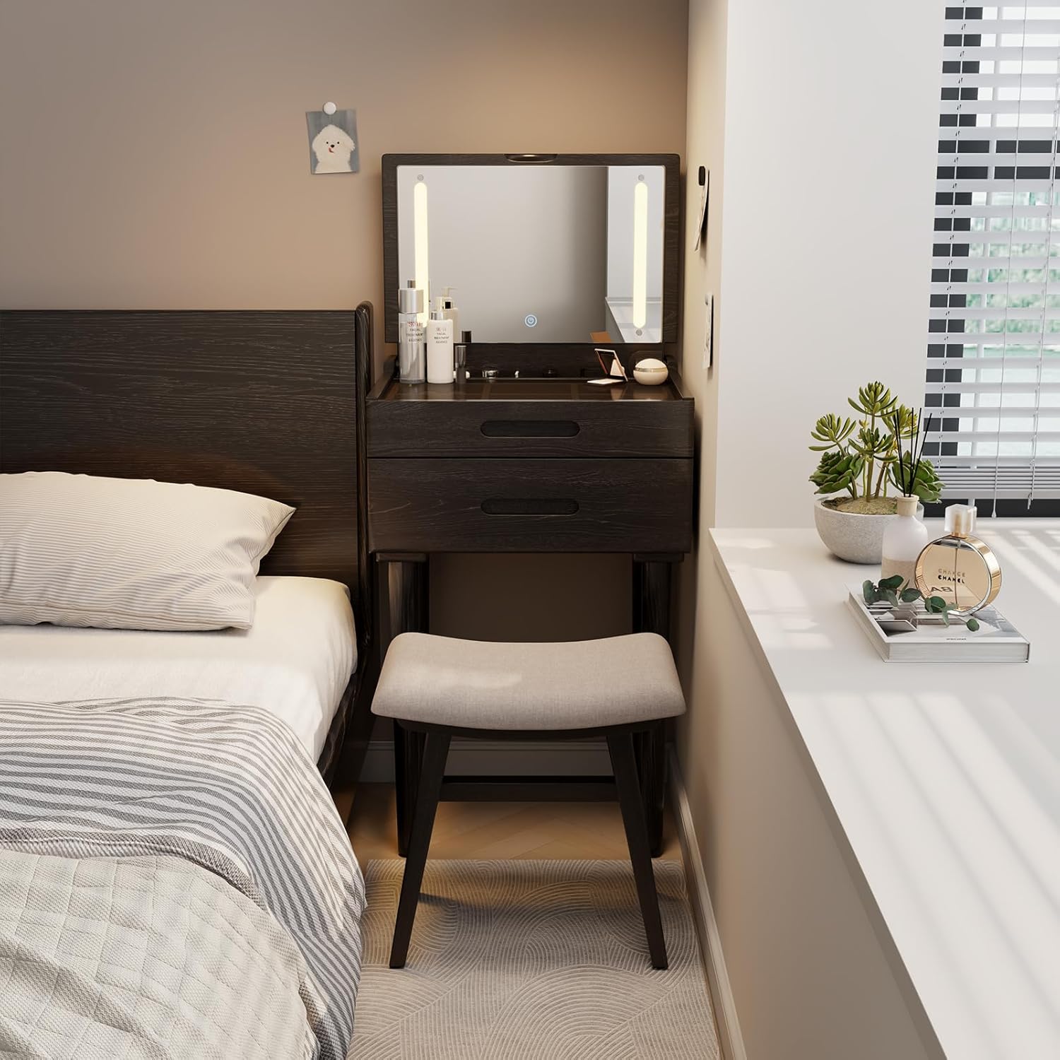 Solid Wood Small Vanity Stool with Saddle Cushion, High-Rebound Sponge Seat, Easy Assembly Makeup Chair, Footstool for Bedroom, Entryway, Black