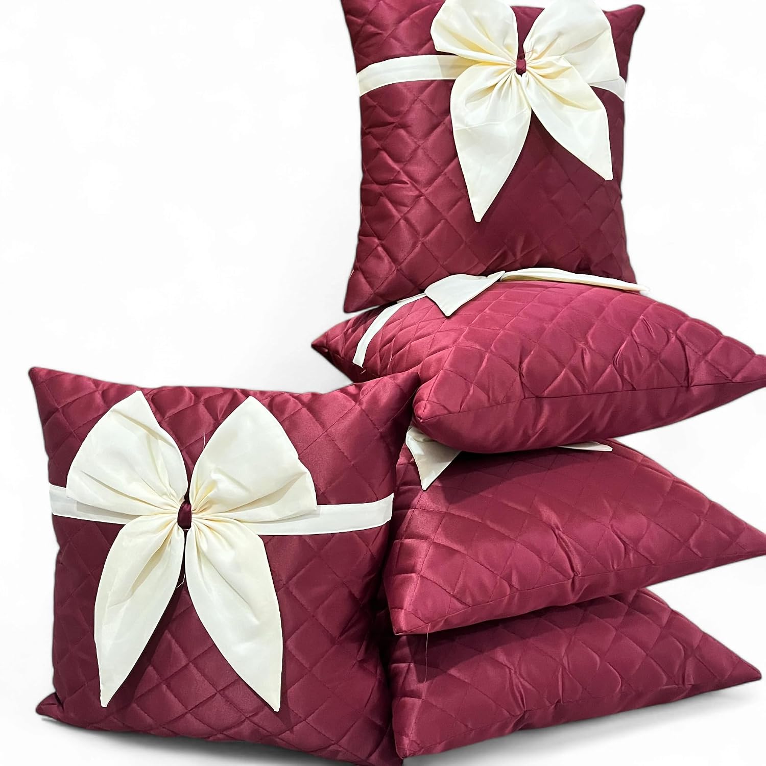 Satin Bow Cushion Covers with Quilted Diamond Pattern, 16 x 16 Inch, Set of 5