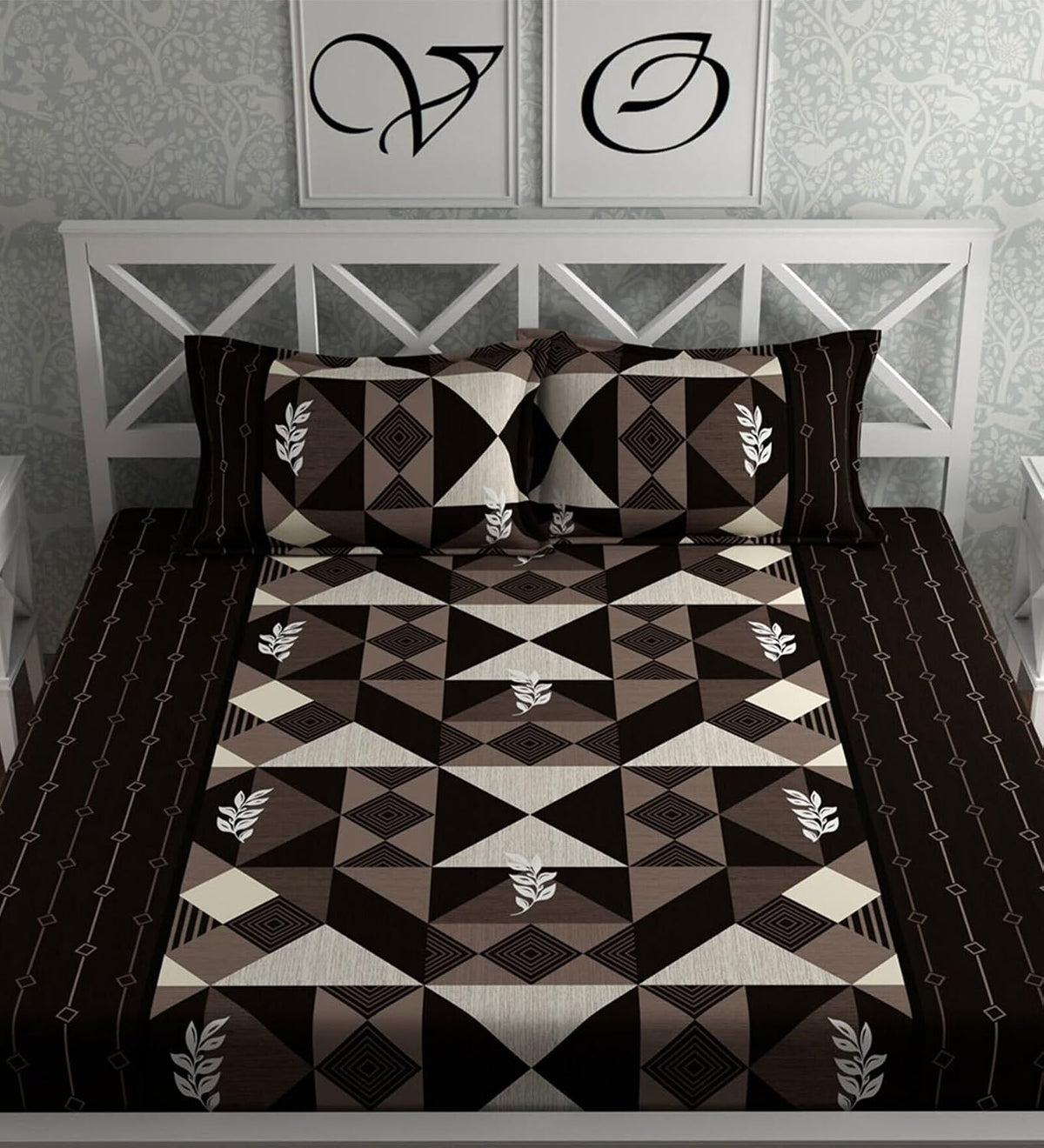 Elastic Fitted Cotton Double Queen Bedsheet with 2 Matching Pillow Covers | 320 Thread Count | Geometric Print | Soft & Comfortable Fitted Bedsheet | Summer Bedding
