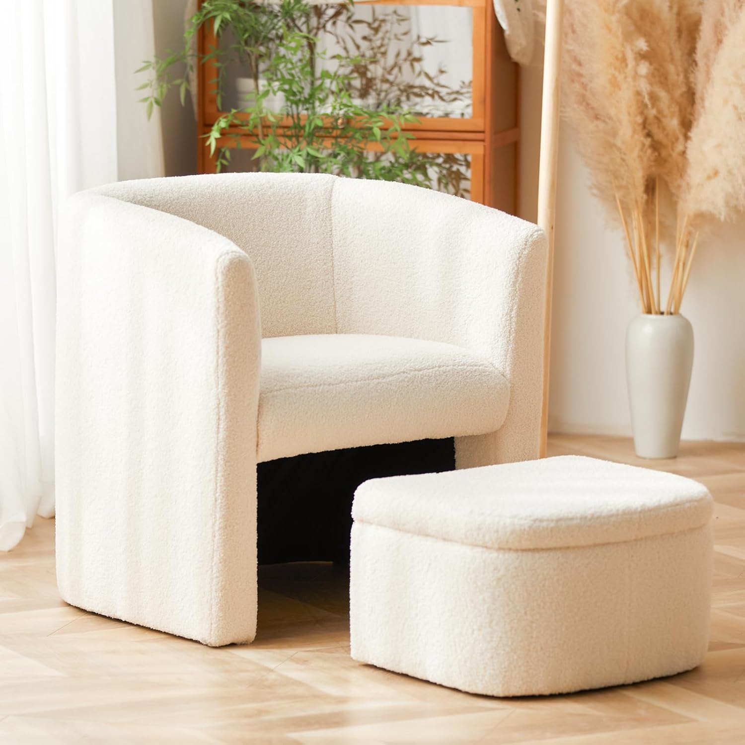 Modern Upholstered Barrel Accent Chair with Storage Ottoman