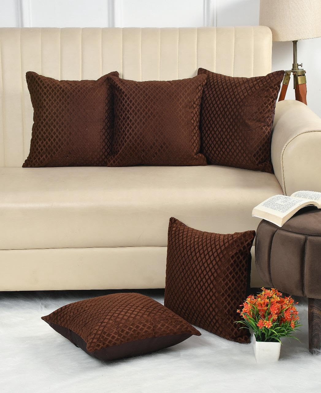Brown Diamond Quilted Velvet Cushion Covers, 16 x 16 Inch, Set of 5