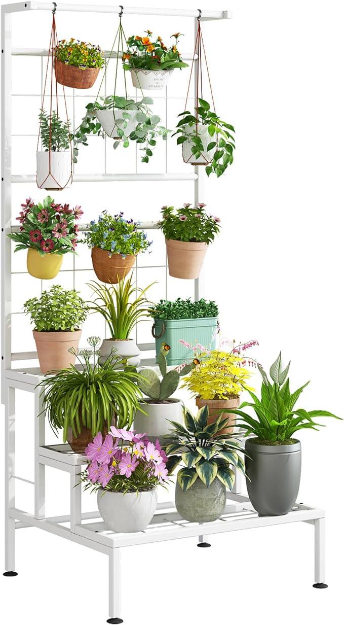 Plant Stand 3-Tier Hanging Shelves Flower Pot Organizer Multiple Flower Display Holder Indoor Outdoor Heavy Duty Potted Planter Rack Unit with Grid Panel for Living Room Balcony - Ouch Cart 