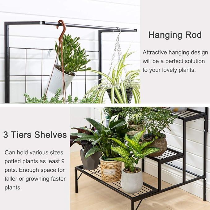 Plant Stand 3-Tier Hanging Shelves Flower Pot Organizer Multiple Flower Display Holder Indoor Outdoor Heavy Duty Potted Planter Rack Unit with Grid Panel for Living Room Balcony - Ouch Cart 