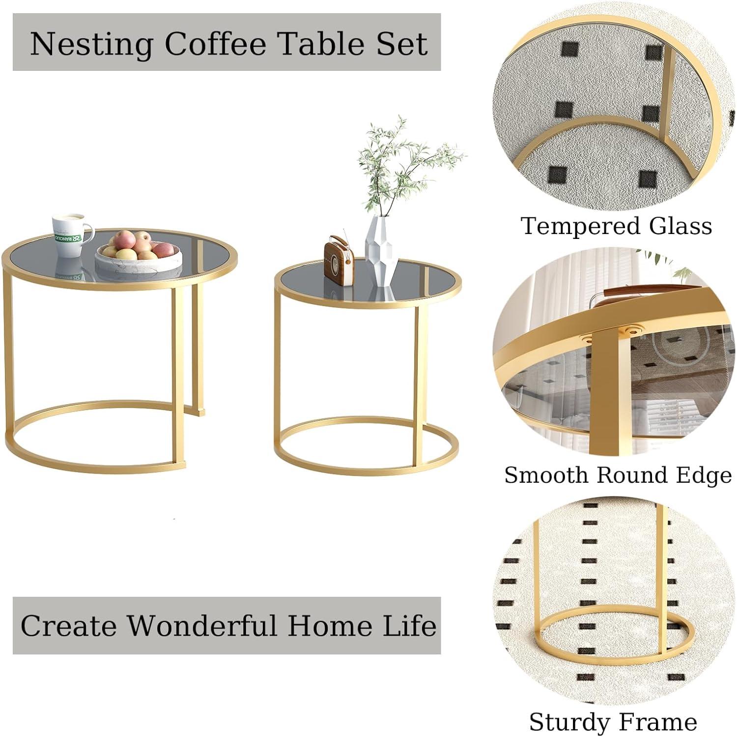 Gold Nesting Coffee Table Set of 2, Modern Tempered Glass Side Table, Metal Frame Table for Living Room, Office,Home Decor