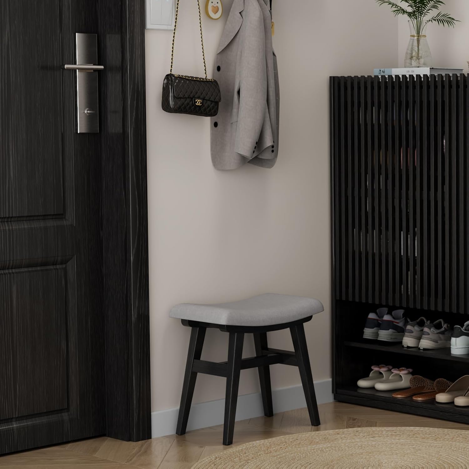 Solid Wood Small Vanity Stool with Saddle Cushion, High-Rebound Sponge Seat, Easy Assembly Makeup Chair, Footstool for Bedroom, Entryway, Black